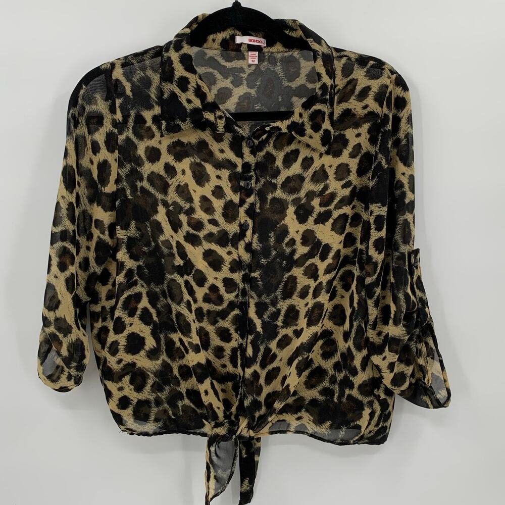 Bongo Womens Medium Button Up Blouse Tie Front Animal Print Sheer Y2K Mob Wife